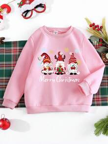 SHEIN Girls Merry Christmas Sweatshirt,Cute Light Pink Autumn Graphic Print,Warm Casual Fashion For Matching Family,Cartoon New Year Party Top - Pink - View 3