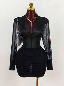 Amplova Vestido sexy plus size feminino com gola, detalhes em tule, mangas compridas e franzidos. - Preto - Ver 1
