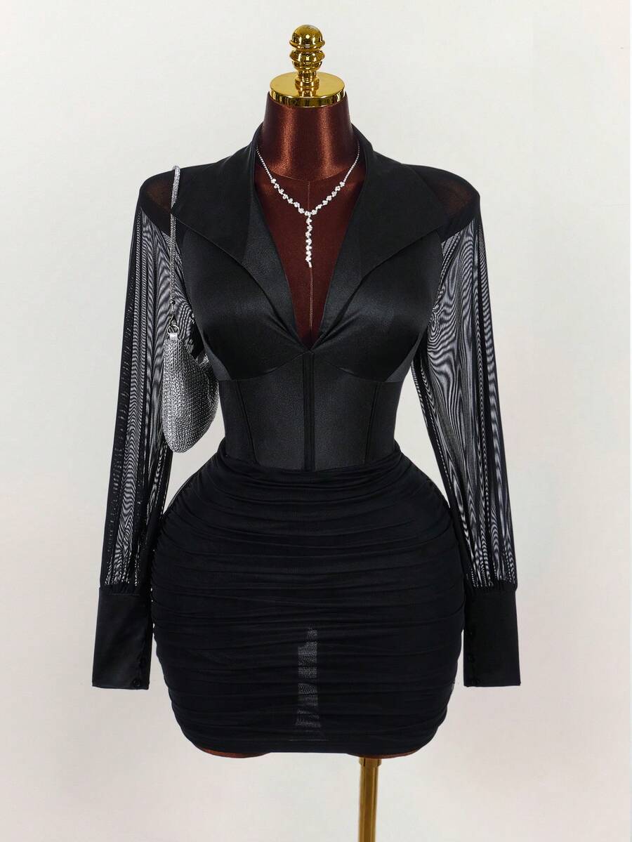 Amplova Vestido sexy plus size feminino com gola, detalhes em tule, mangas compridas e franzidos. - Preto - Ver 1