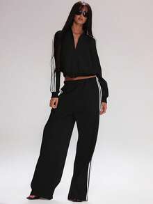 MUSERA 宽松侧条纹拉链运动外套上衣（仅上装）可爱返校休闲运动工作服商务休闲冬季 - 黑色 - 查看 5