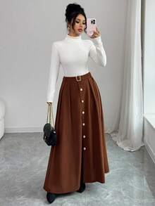 Elenzga Váy chữ A bằng vải nhung kẻ thanh lịch cổ điển dành cho nữ, hở phía trước, cài nút thẳng, thắt lưng kim loại, trang trí, thu/đông - màu nâu - Xem 1