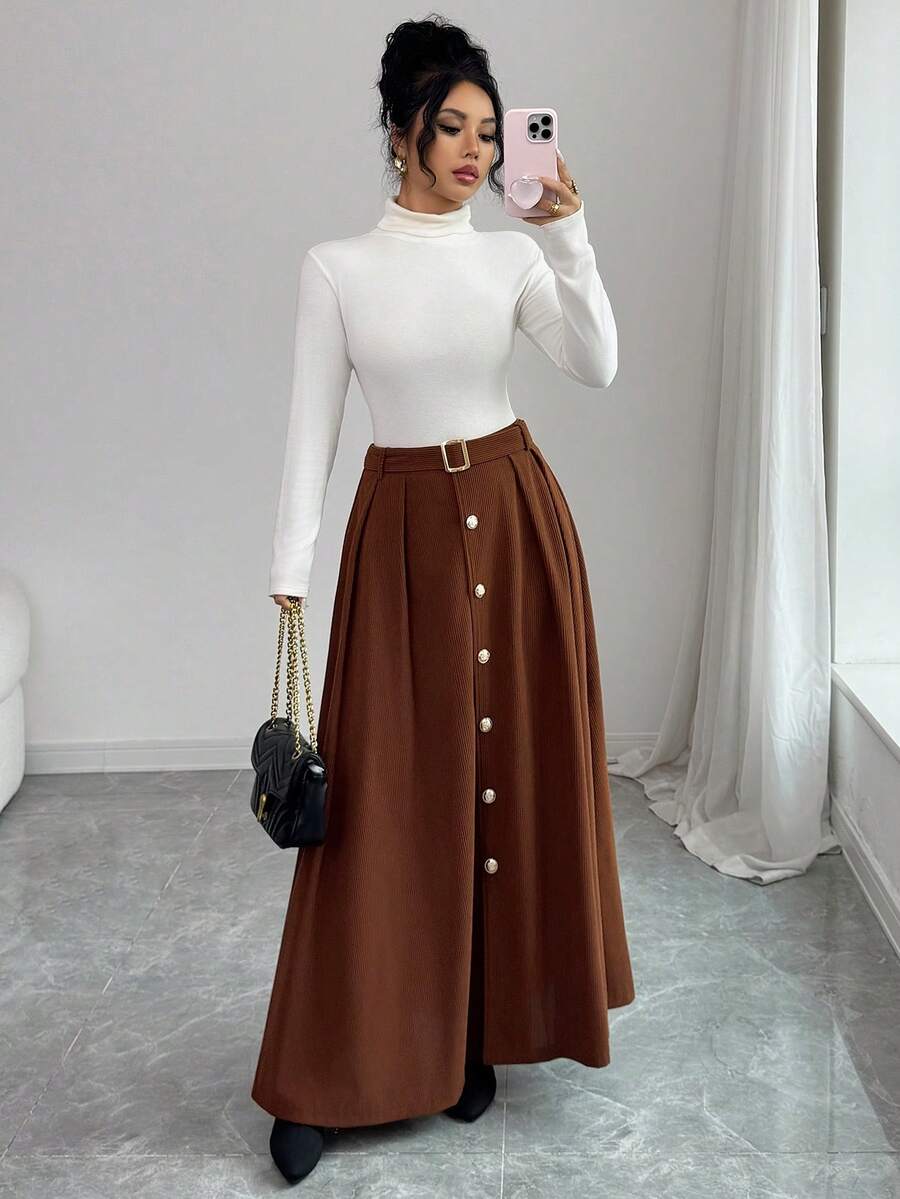 Elenzga Váy chữ A bằng vải nhung kẻ thanh lịch cổ điển dành cho nữ, hở phía trước, cài nút thẳng, thắt lưng kim loại, trang trí, thu/đông - màu nâu - Xem 1