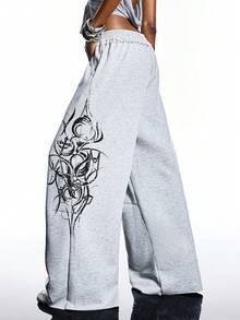 LYSMO Women's Printed Elastic Waist Pockets Wide Leg Loose Casual Sweatpants - Grey - View 1
