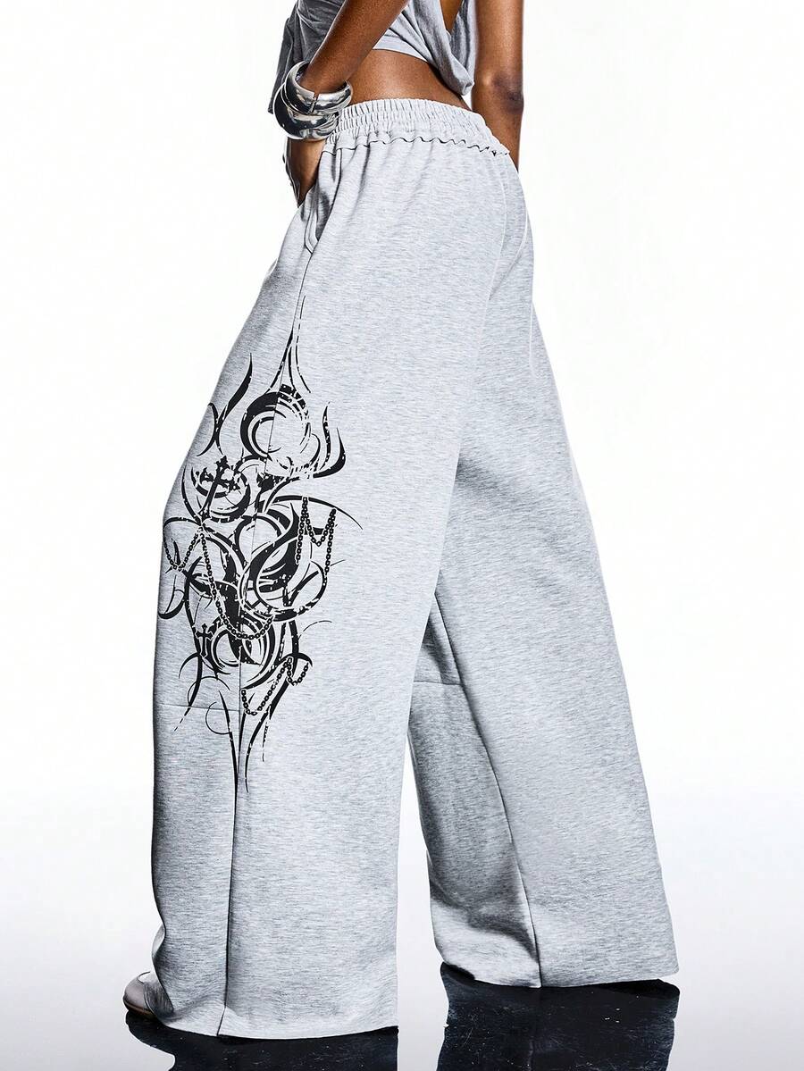 LYSMO Women's Printed Elastic Waist Pockets Wide Leg Loose Casual Sweatpants - Grey - View 1