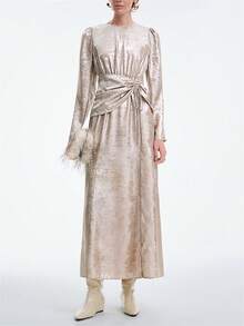 Aalyst Vestido de cola de pez súper largo, cuello redondo, manga de cordero, decoración plisada colgante, textura brillante de satén, adecuado para fiestas diarias, banquetes, alfombra roja, Halloween, Navidad, Año Nuevo, Acción de Gracias, uso para fiestas locas, fiestas nocturnas, invitados de alfombra roja, opciones de estilo de dama para primavera, otoño e invierno - Champán - Ver 6