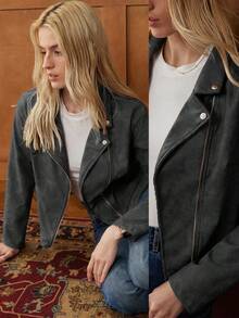 Écloséra Áo khoác nhẹ tay dài bằng da PU, cổ bẻ, bốn nút, màu nâu cổ điển thanh lịch dành cho nữ, mùa xuân/thu - màu đen - Xem 1