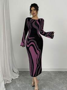 Elenzga Đầm dệt kim ôm sát eo phối màu thời trang nữ - Màu tím - Xem 6