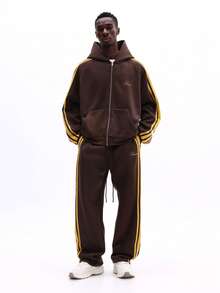 SUMWON Regular Fit Full Zip Hoodie And Jogger Co Ord Set With Hood Drawstring Side Stripe Detail Casual Loungewear Tracksuit - Coffee Brown - View 2