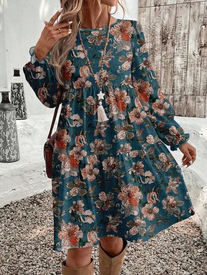 EMERY ROSE Casual Minimalist Ditsy Floral Pattern Loose Fit Round Neck Plus Size Dress, Suitable For Autumn/Winter