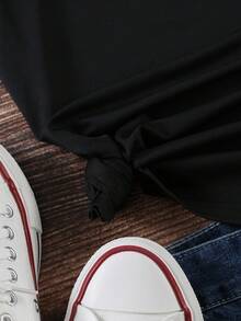 Resyla 女士撞色圆领短袖T恤，印花图案 - 黑色 - 查看 4