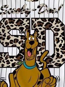 SCOOBY-DOO X SHEIN 少女休闲时尚街头风日常通勤上学运动卡通狗豹字母印花条纹短袖T恤，夏季 - 白色 - 查看 3