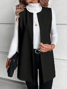 EMERY ROSE Große Größen schwarze unifarbene & bedruckte lässige minimalistische Jacke, Damen Große Größen Weste Jacke für Herbst/Winter