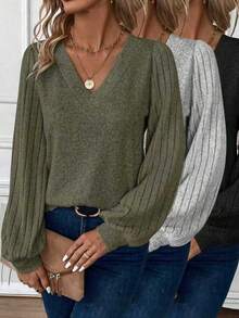 EMERY ROSE Women's V-Neck Pullover Long Sleeve Casual All-Match Versatile T-Shirt Top - Grey - View 2