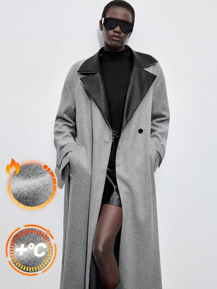 SHEIN Maija 2025 Women's Color Block Pocket Casual Long Sleeve Extra Long Wool Blend Coat,Modern Urban, PU Stitching, Lapel Design, Women's Woolen Coat,,Women's Winter Coat, Cozy Fall And Winter Clothes For Women, Halloween Costume, Women's Halloween Costume, New Year Clothes, Clothes For New Year, Thanksgiving