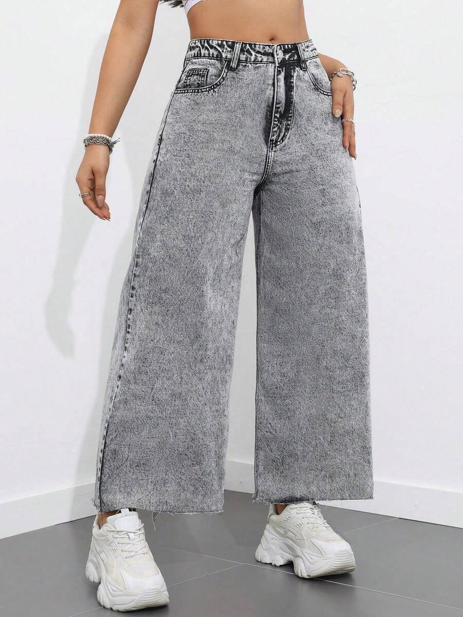 SHEIN ICON 大码女式休闲百搭毛边阔腿宽松牛仔裤 - 灰色 - 查看 1