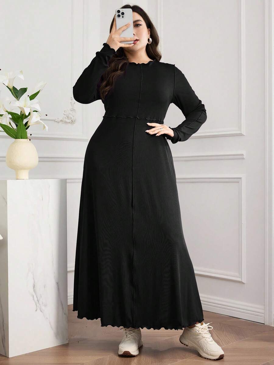 Modelyn 大码女式纯色荷叶边圆领长袖休闲连衣裙 - 黑色 - 查看 1