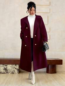 Elenzga Áo khoác dài tay hai hàng cúc màu trơn dành cho nữ cỡ lớn, kiểu dáng thanh lịch, lãng mạn, chất liệu len cao cấp, màu đỏ tía, thích hợp cho mùa đông. - Màu Đỏ Sâu - Xem 4