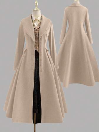 Sweetra 大码优雅外出上衣，秋冬复古百搭休闲修身优雅棕绿色长款喇叭外套收腰连衣裙