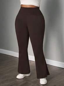 SHEIN PETITE CURVE 大码女式秋冬返校休闲家居服瑜伽舒适户外纯黑色针织松紧腰高腰口袋喇叭裤，带口袋的紧身裤 - 棕色 - 查看 3
