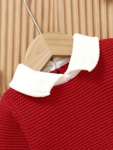 SHEIN 3 Pieces Baby Boy Girl Knitted Set,Cute Red And White Rabbit Bib Pants Jumpsuit,Long Sleeve Collared Sweater Romper With Hat,Autumn Winter Outfit - Red - View 4