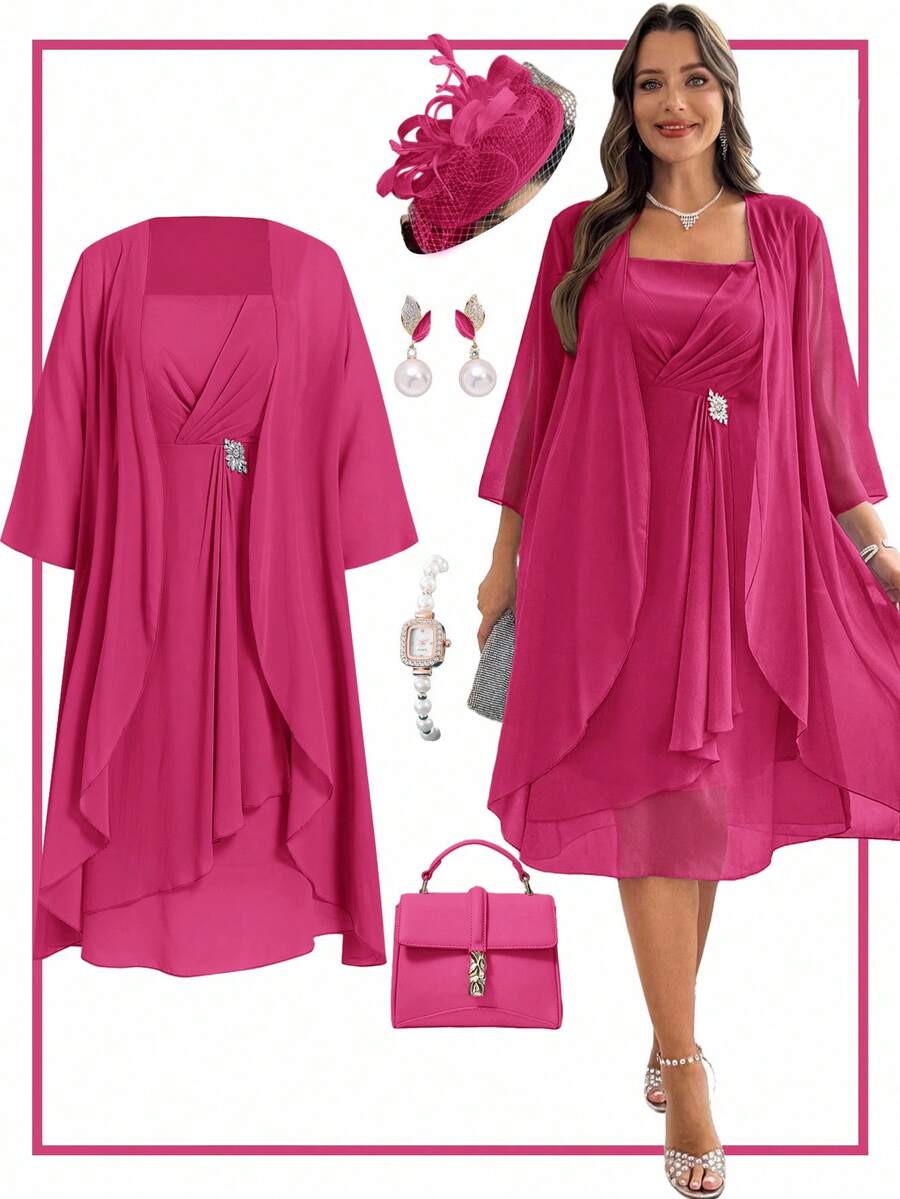 Ellevyn Conjunto de 2 piezas de vestido sin mangas con cintura ceñida y cárdigan de unicolor, talla grande - Rosa Fucsia - Ver 1