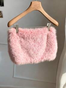 CovetEZ 女士时尚性感粉色毛绒抹胸上衣 - 粉色 - 查看 3