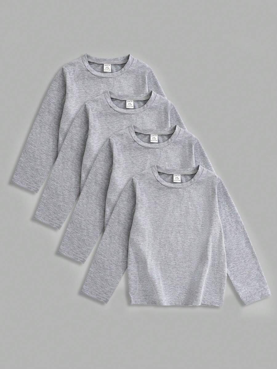 4pcs/Set Young BoyCasual Solid Color Versatile Crew Neck Long Sleeve T-Shirts, Suitable For All Seasons - Light Grey - View 1