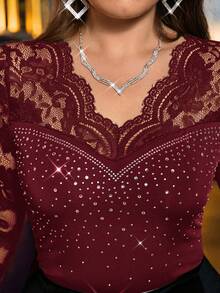 SHEIN Clasi Plus Size Women Elegant Contrast Lace Long Sleeve Rhinestone Embellished Blouse/Christmas/Winter - Burgundy - View 7