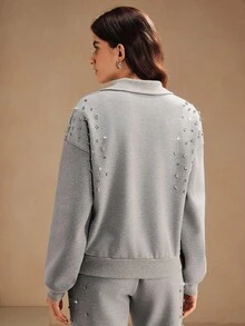 Anewsta Fashionable Thickened Loose Pullover Sweatshirt With Rivet Pearl Design, Grey, Suitable For Fall, Festival, Spring - Grey - View 8