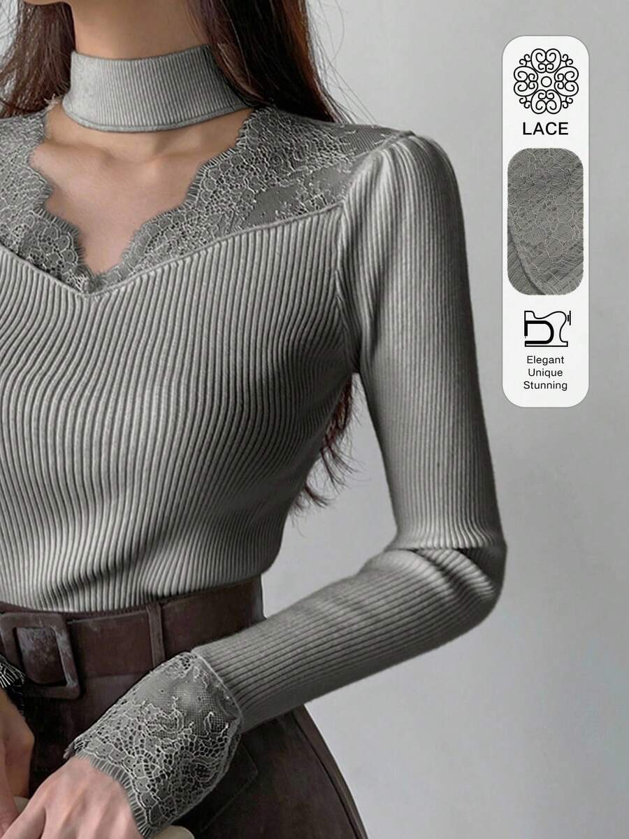 DAZY 女士撞色蕾丝镂空修身长袖毛衣，白色，春秋季 - 淺灰色 - 查看 1