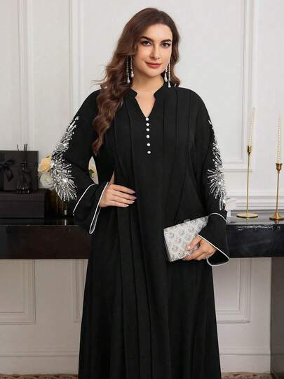Al Najma Plus Size Women Casual Crew Neck Beaded Applique Long Sleeve Loose Dress, Spring/Autumn