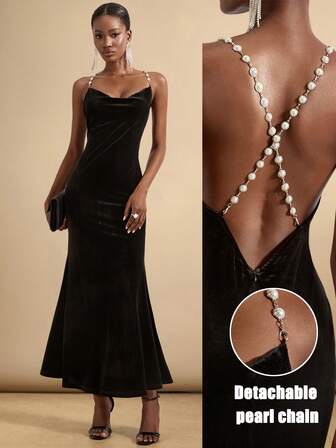 SHEIN Veneréa 天鹅绒垂坠领珍珠链露背美人鱼优雅女士派对礼服
