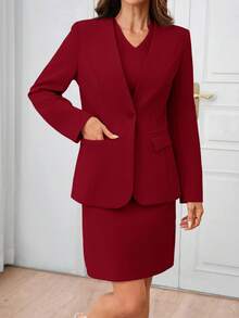 Ellevyn Bộ đồ nữ thời trang thu/đông gồm áo khoác và váy công sở màu xanh dương, áo blazer đỏ, bộ vest đỏ cho nữ, váy vest cho nữ, bộ vest nữ gồm áo blazer và chân váy. - Đỏ - Xem 5