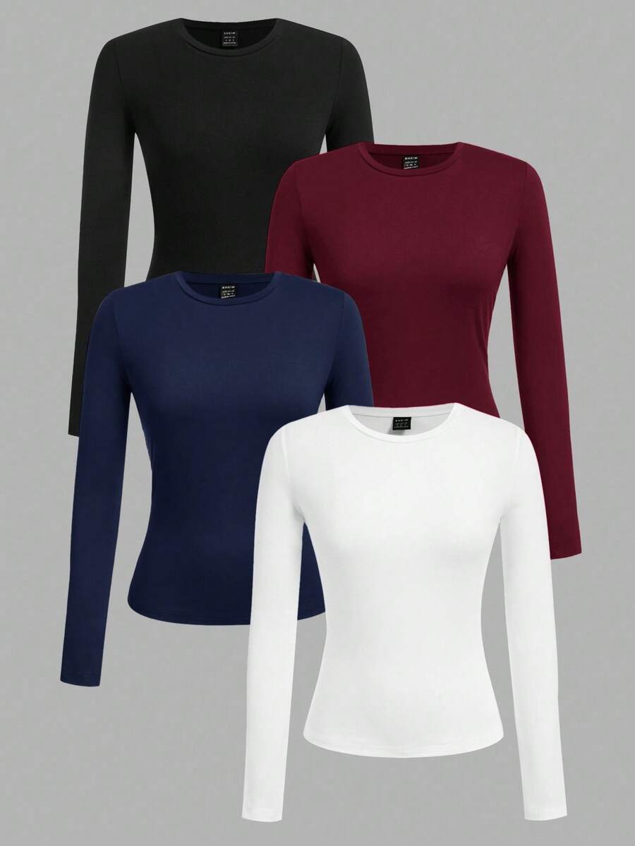 SHEIN EZwear 4件套女士圆领休闲修身长袖T恤套装，秋冬季 - 彩色 - 查看 1