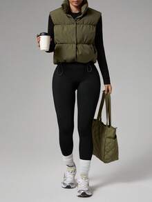 Dewbera Dewbera K2 Short Slim Fit Stand Collar Military Green Padded Vest Fleece Jacket For Women, Winter Jacket For Women, Gift For Women - Army Green - View 2