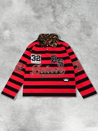 Street Life Chemise polo ample à rayures avec col en fourrure léopard pour hommes