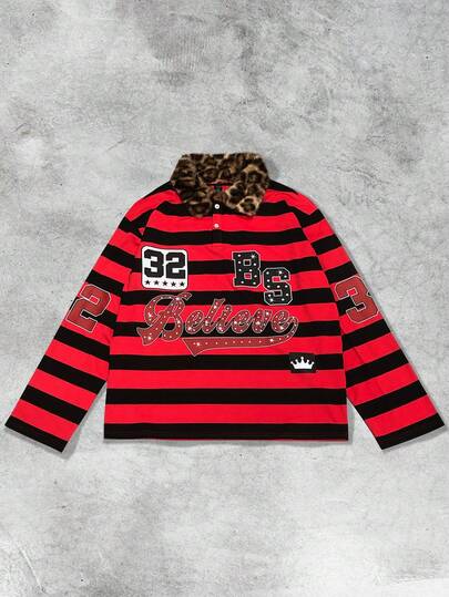 Street Life Chemise polo ample à rayures avec col en fourrure léopard pour hommes