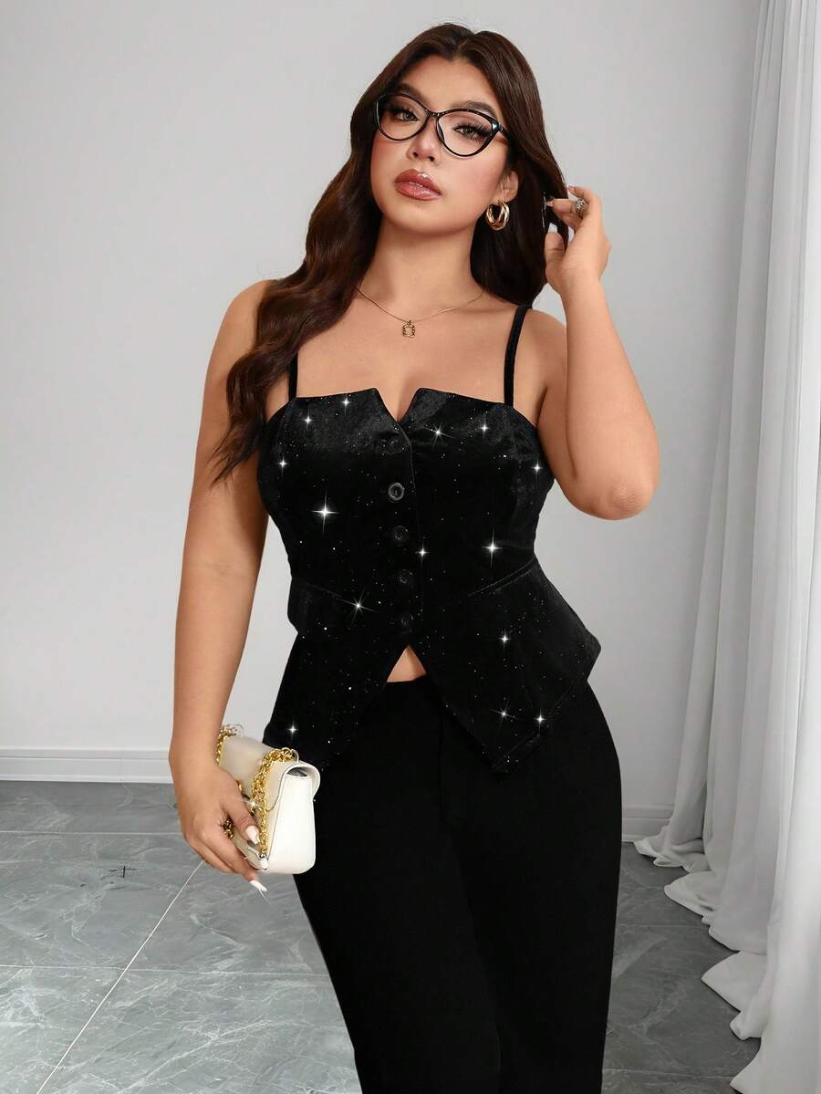 Elenzga Camizolă din catifea cu sclipici pentru femei, mărimi mari, elegantă pentru petrecere, cocktail, Revelion, bar, Crăciun, camizolă neagră strălucitoare versatilă - Negru - Vizualizare 1