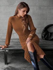 SHEIN LUNE 收腰长开衩优雅女式毛衣裙 - 棕色 - 查看 5
