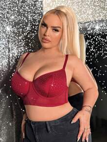 Sujetador con aros y push-up sexy con adornos de strass para mujer de talla grande - Burdeos - Ver 3