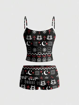 Goth Cross, Dark Grave, Bat, Sun & Moon Sexy Camisole And Shorts 2 Pieces Set For Women