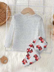 2件套男童红色卡通汽车印花保暖贴身长袖上衣和裤子睡衣套装 - 彩色 - 查看 2
