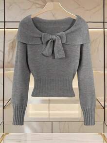 Franclia Women's Minimalist Collared Bowknot Open Shoulder Long Sleeve Solid Color Knit Pullover Sweater - Dark Grey - View 4