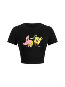 SpongeBob SquarePants | SHEIN Women's Casual Everyday Commute Funny Cute Cartoon Letter Print Short Sleeve Black T-Shirt, Summer - Black - View 1