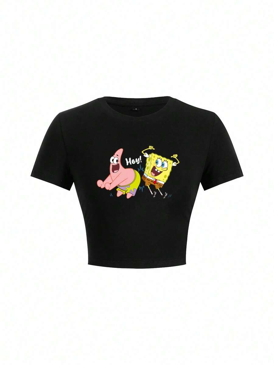 SpongeBob SquarePants | SHEIN Women's Casual Everyday Commute Funny Cute Cartoon Letter Print Short Sleeve Black T-Shirt, Summer - Black - View 1