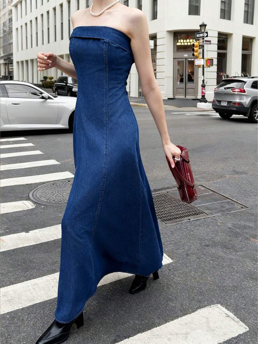 K-Vae 女士秋冬派对连衣裙牛仔抹胸连衣裙优雅收腰派对礼服新年装 - 中等水洗藍 - 查看 1