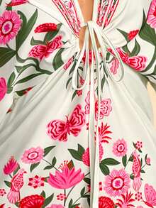 CAJUNI 女士休闲度假图腾印花V领蝙蝠袖可调节抽绳腰短款连衣裙，米色 - 淺粉色 - 查看 7