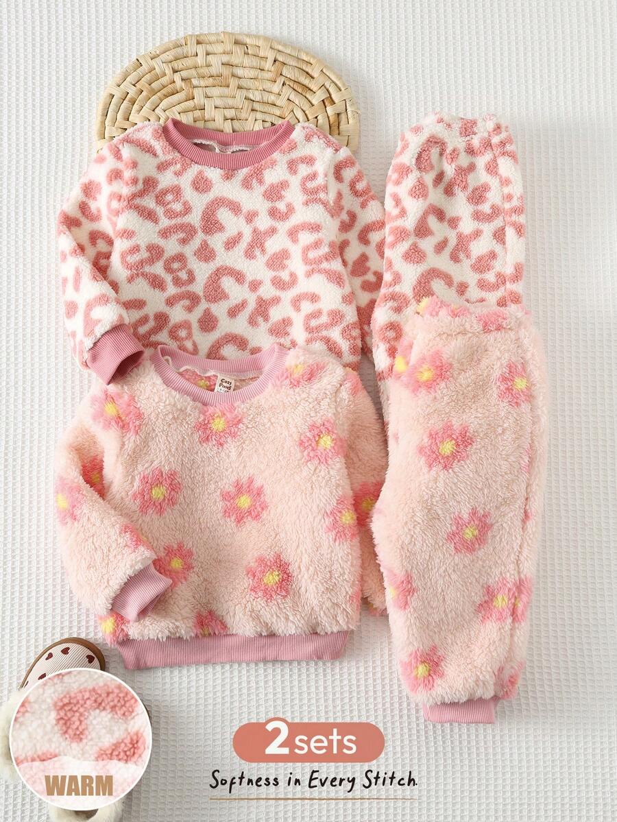 Cozy Pixies Conjunto de 2 piezas para niña bebé: top de otoño de manga larga con cuello redondo, estampado de leopardo, forro polar grueso y pantalones largos de cintura elástica - Rosa - Ver 1