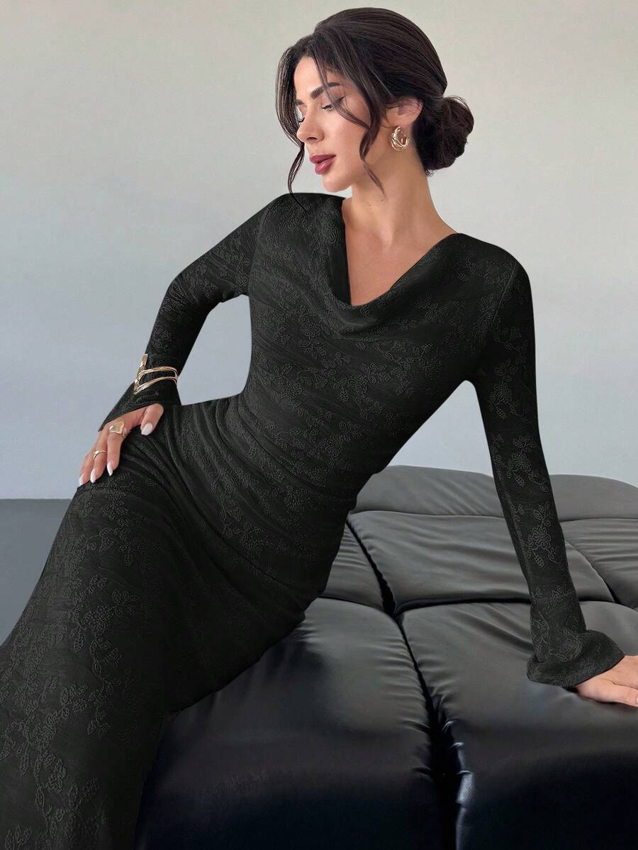 Firerie 女士优雅深V领垂褶美人鱼连衣裙 - 黑色 - 查看 1
