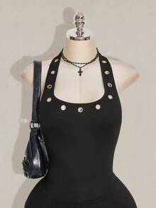 SHEIN ICON 加大码 Y2K 黑色吊带露背针织吊带衫，金属孔眼装饰 - 黑色 - 查看 1